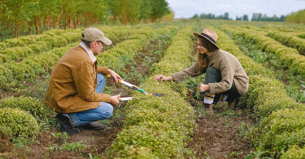 Farmers working on plantation with greens